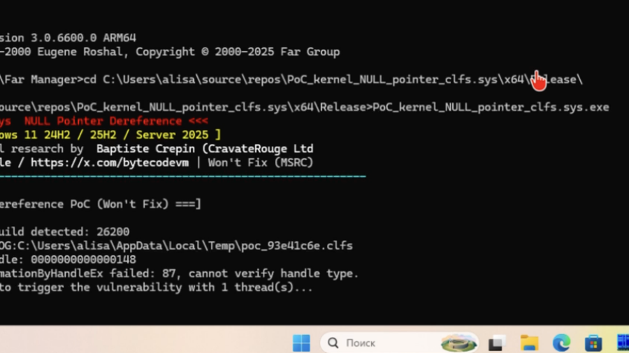 Won't Fix: Kernel DoS in clfs.sys via NULL FastMutex Dereference