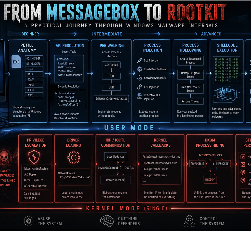 From MessageBox to Rootkit: A Practical Journey Through Windows Malware Internals