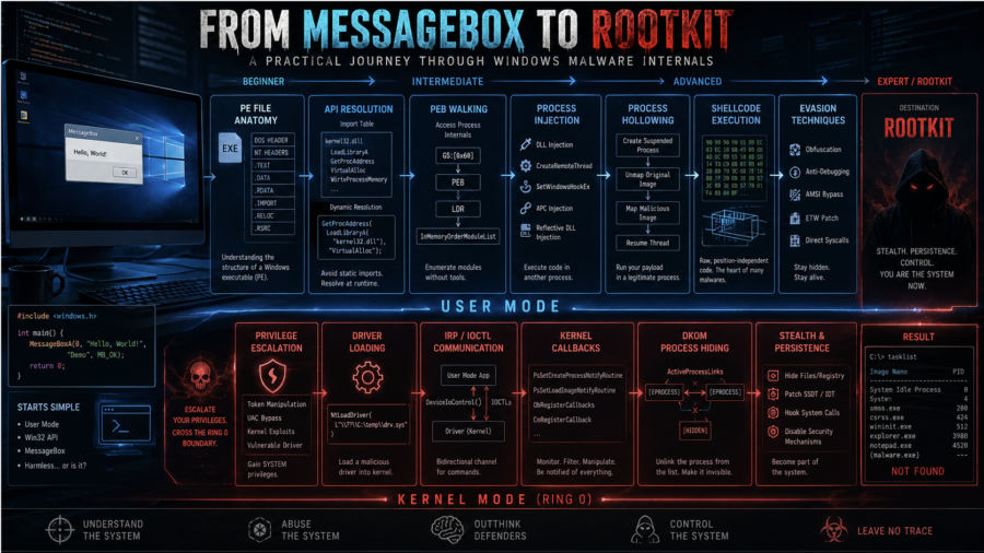 From MessageBox to Rootkit: A Practical Journey Through Windows Malware Internals