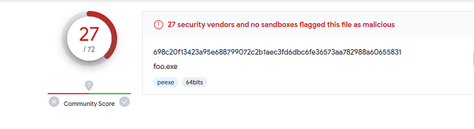 VirusTotal scan showing 27 out of 72 detections for a raw MSFVenom shellcode loader