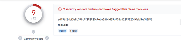 VirusTotal scan showing 9 out of 72 detections after XOR string obfuscation