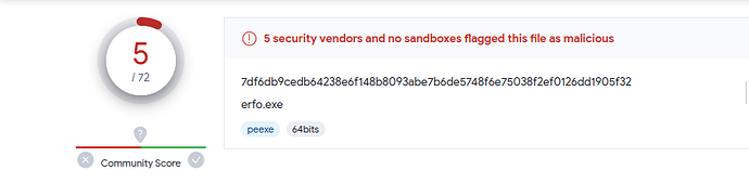 VirusTotal scan showing 5 out of 72 detections after AES encryption and Early Bird APC injection