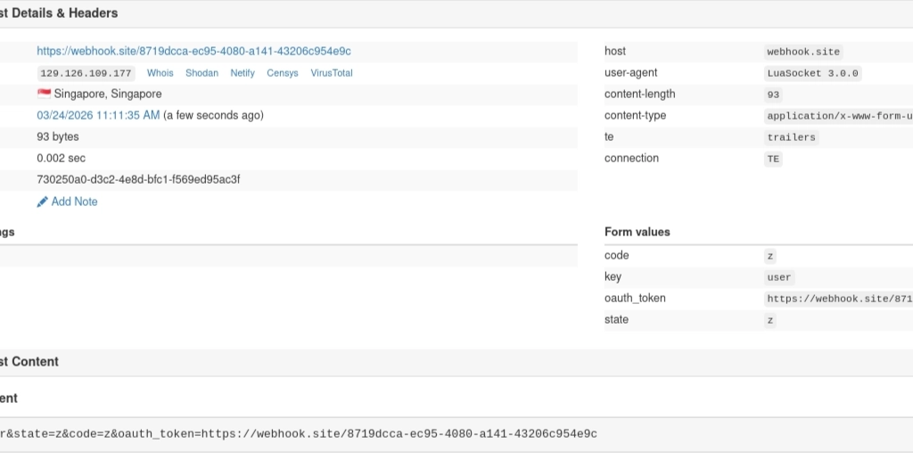 Webhook capture showing outbound POST from 129.126.109.177 with User-Agent LuaSocket 3.0.0