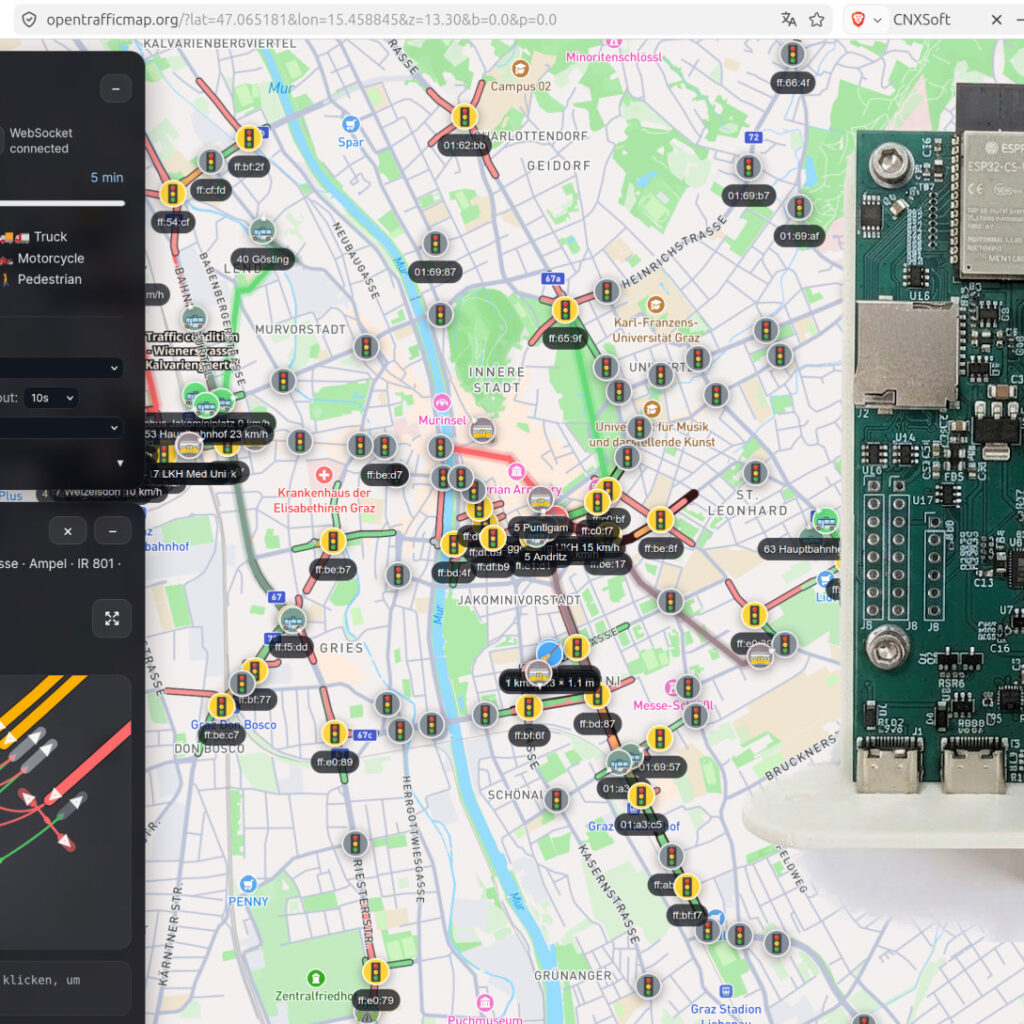 OpenTrafficMap’s €20 ESP32-C5 Board Turns 802.11p V2X Into a Public Map of Traffic Lights and Buses
