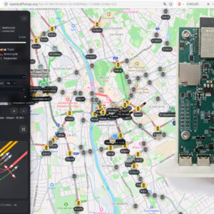 OpenTrafficMap ESP32-C5 C-ITS receiver board overlaid on OpenStreetMap visualization