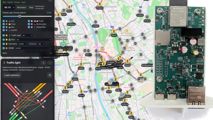 OpenTrafficMap ESP32-C5 C-ITS receiver board overlaid on OpenStreetMap visualization