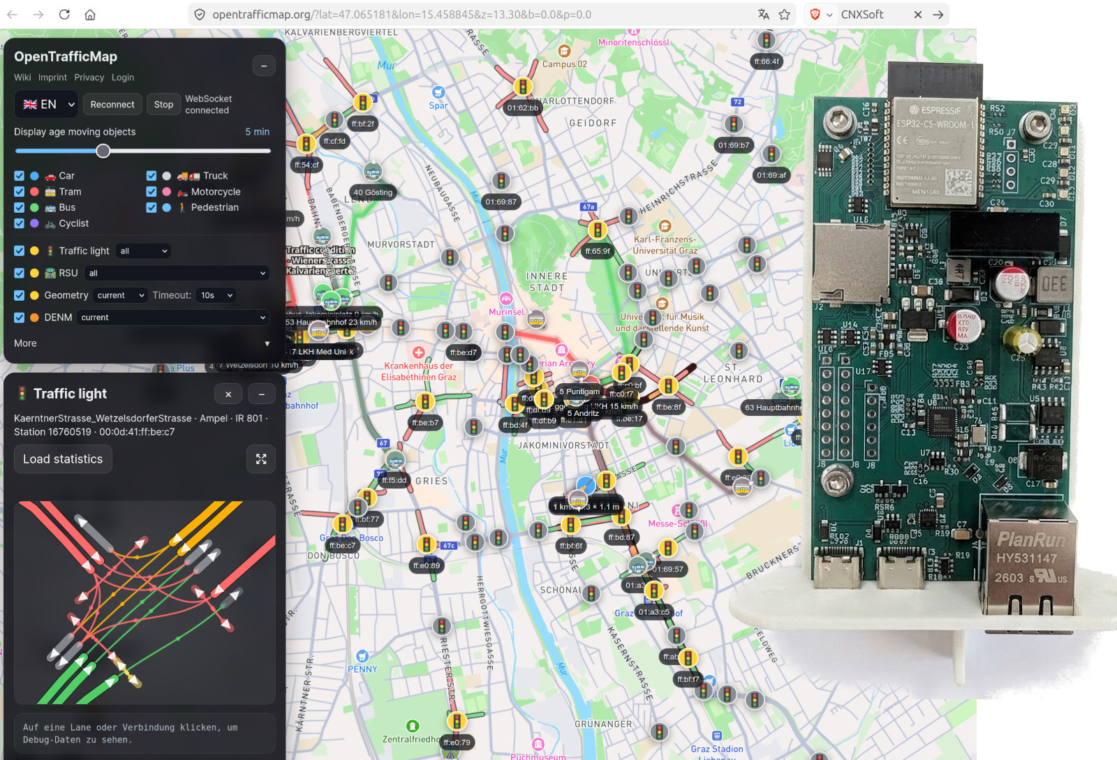 OpenTrafficMap ESP32-C5 C-ITS receiver board overlaid on OpenStreetMap visualization