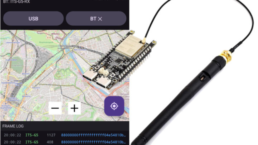 ESP32-C5 board running V2X2MAP firmware for traffic monitoring