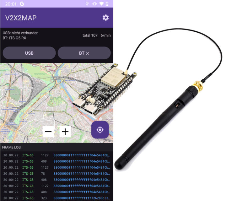 ESP32-C5 board running V2X2MAP firmware for traffic monitoring