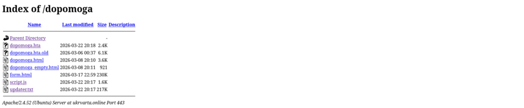 Apache open directory listing for the /dopomoga/ path on the attacker server