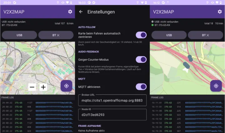 V2X2MAP Android app showing urban environment, settings, and highway views
