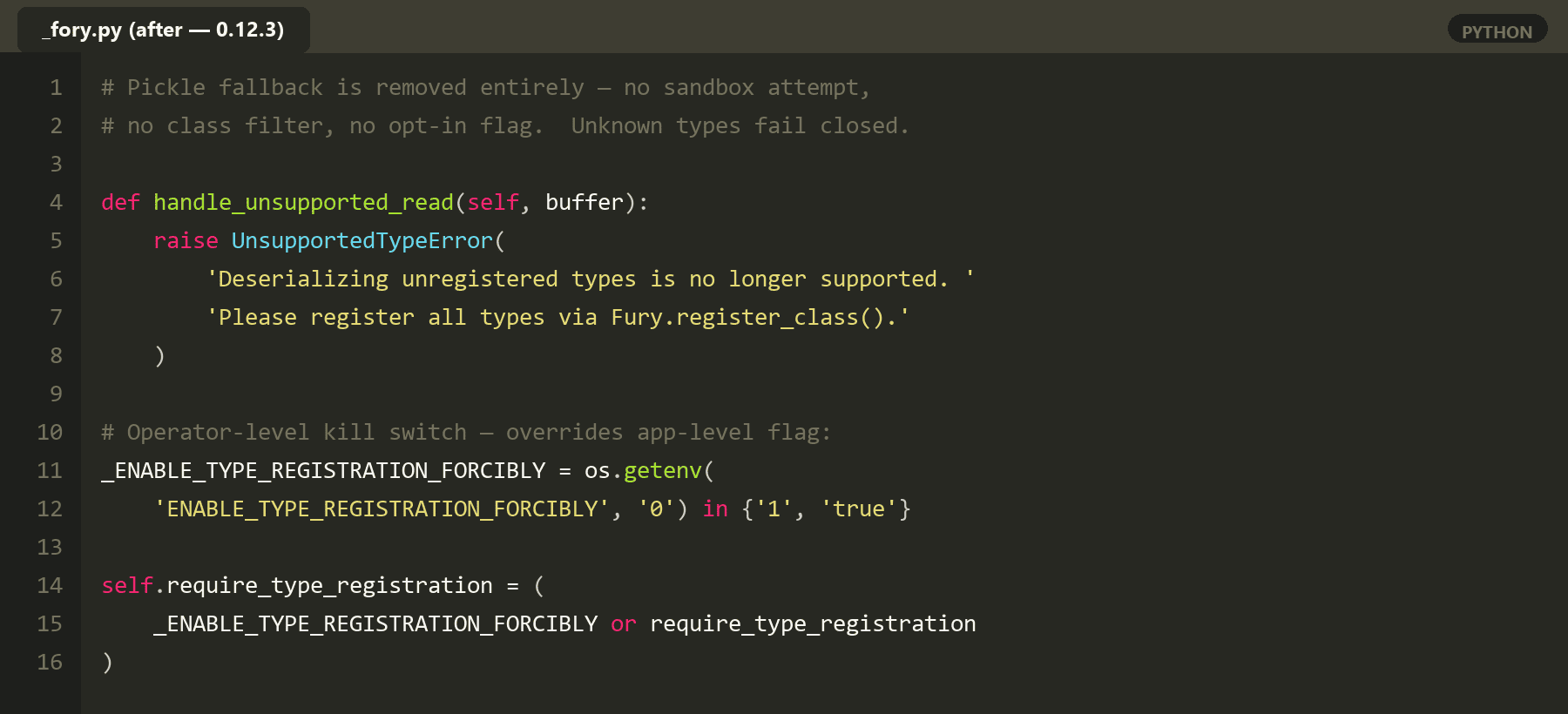 Patch in PyFory 0.12.3 — pickle fallback removed; handle_unsupported_read raises UnsupportedTypeError