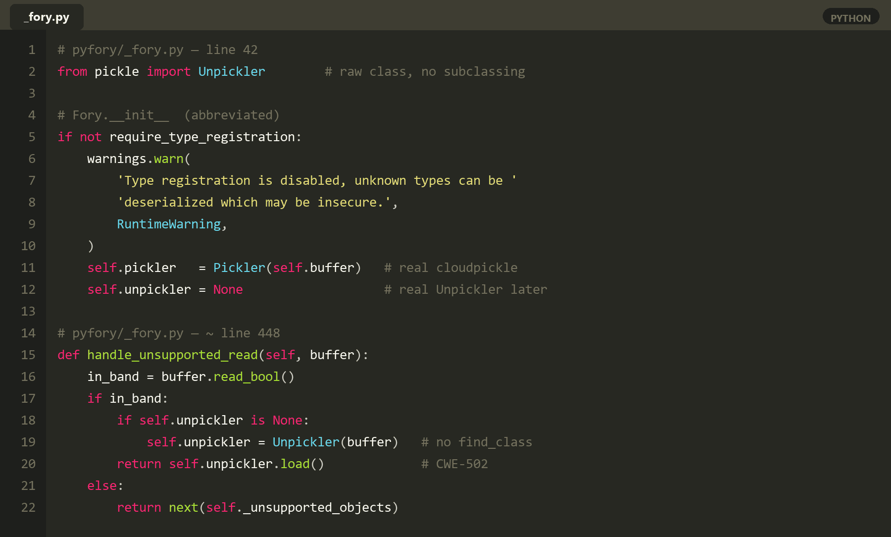 Vulnerable code in PyFory handle_unsupported_read — bare pickle.Unpickler with no find_class override
