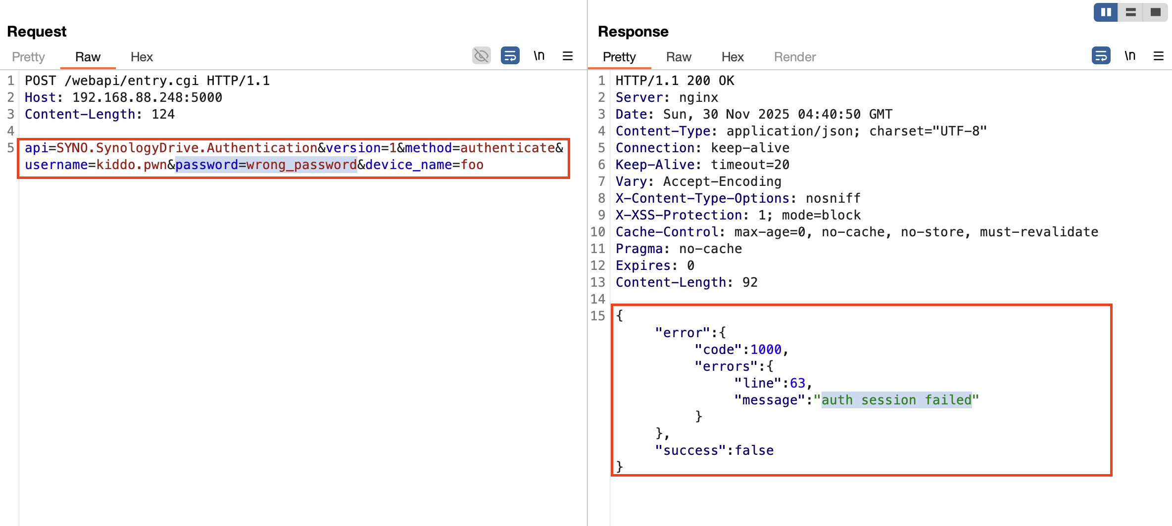 Burp screenshot of legitimate authentication request with username and password