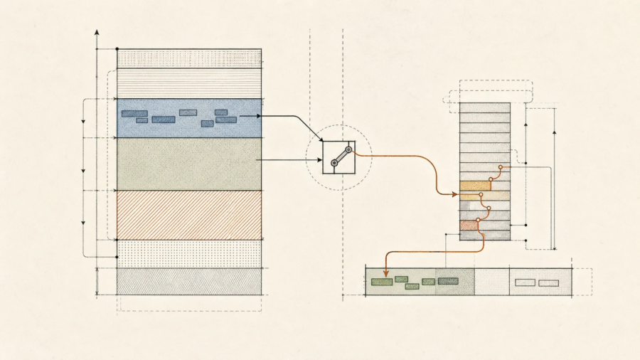A restrained technical diagram of memory regions, stack frames, and control flow for Gargoyle