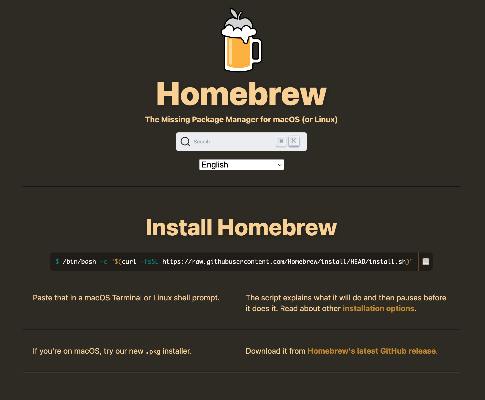 Homebrew website showing the canonical /bin/bash curl install command