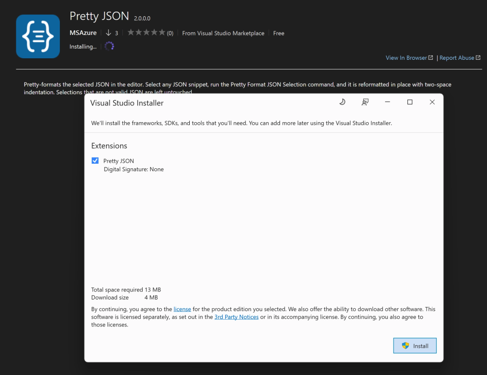 Visual Studio Installer launched to install a VSIX extension package