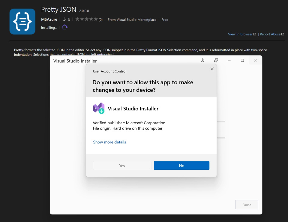 UAC elevation prompt during an AllUsers Visual Studio extension install
