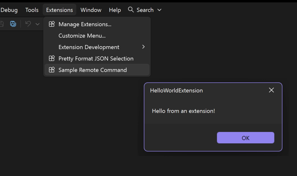 Visual Studio Extensions menu invoking the custom command