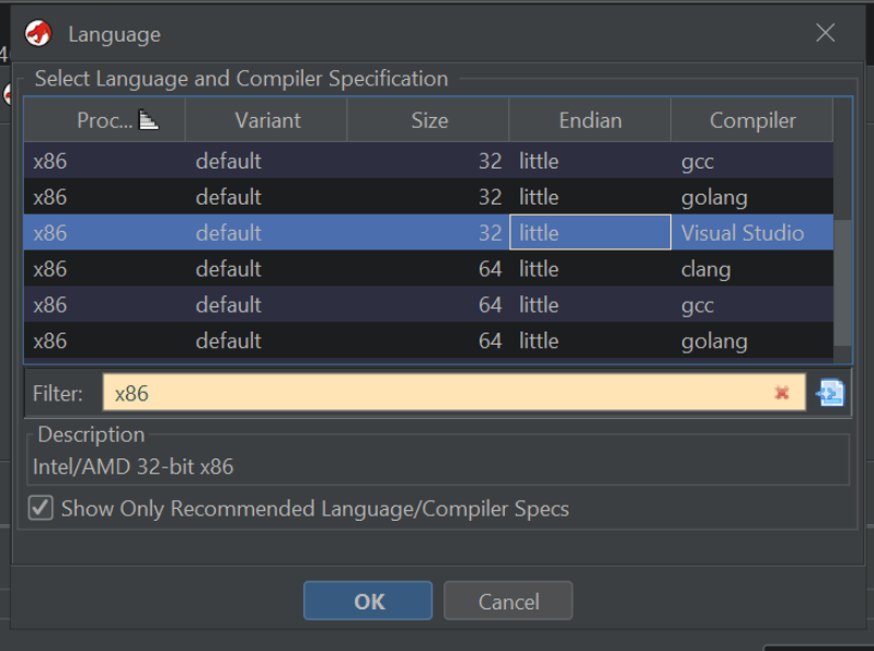 Ghidra Language/Compiler dialog selecting x86, 32-bit, little endian