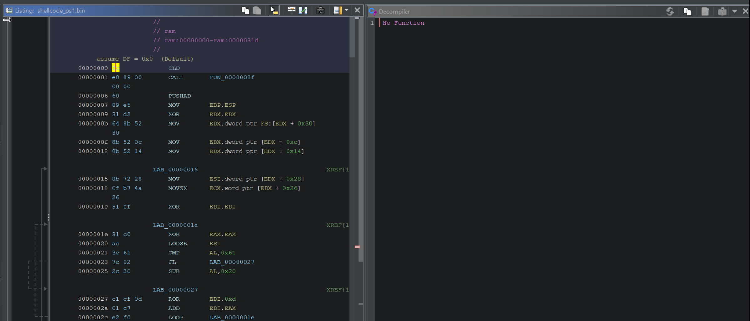 Ghidra main window showing the code browser and the empty decompiler pane side by side