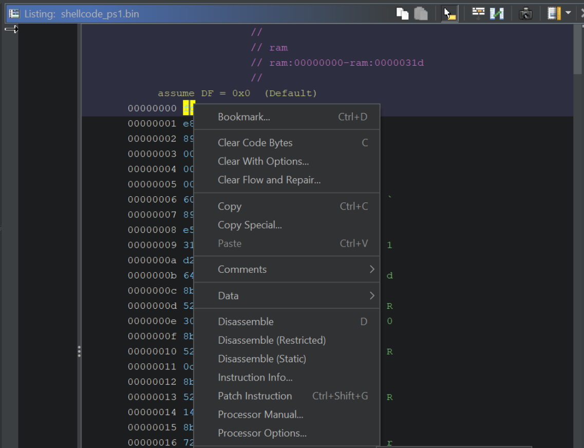 Ghidra disassembly listing of the Cobalt Strike shellcode after pressing D