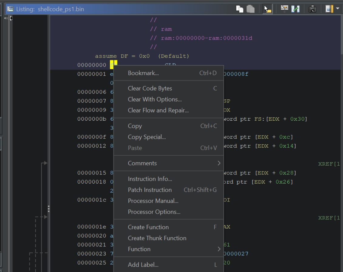 Ghidra right-click Create Function context menu entry