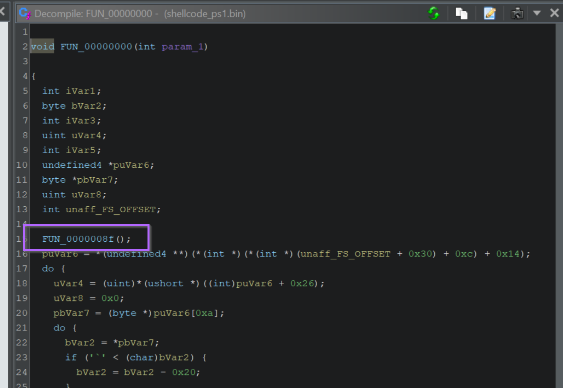 Ghidra decompiler highlighting the call to FUN_0000008f