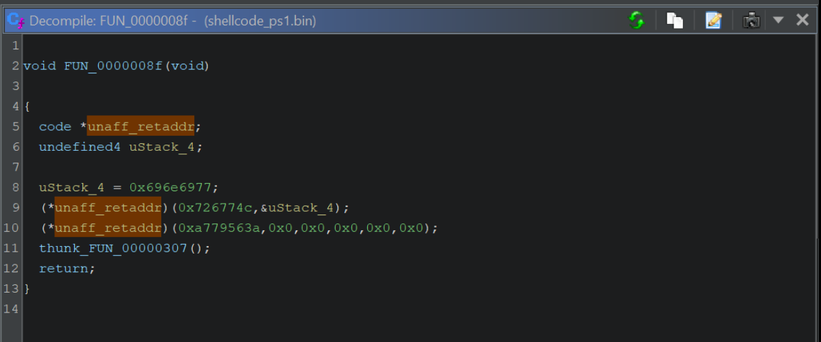 Ghidra decompiler showing the unaff_retaddr and code* references in the hash pattern