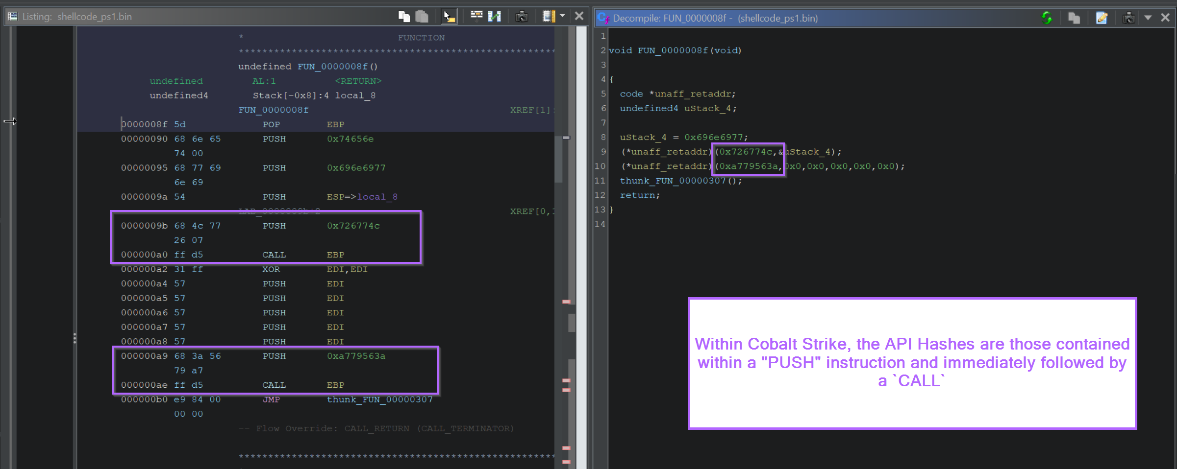 Disassembly listing showing the PUSH hash / CALL RBP pattern used by Cobalt Strike