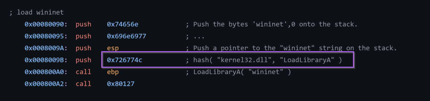 Google search resolving hash 0x726774c to LoadLibraryA