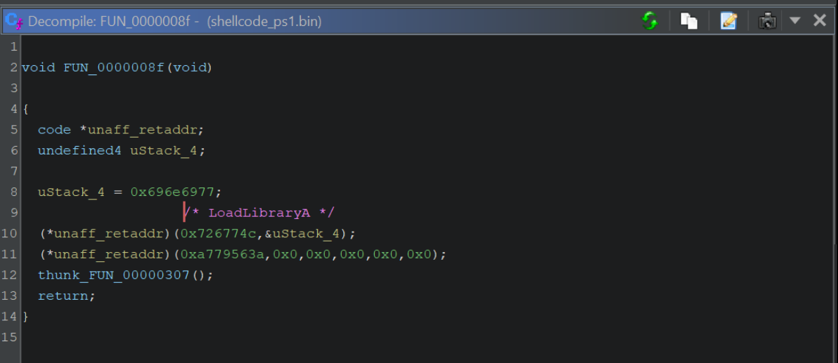 Ghidra inline comment annotating the hash as LoadLibraryA