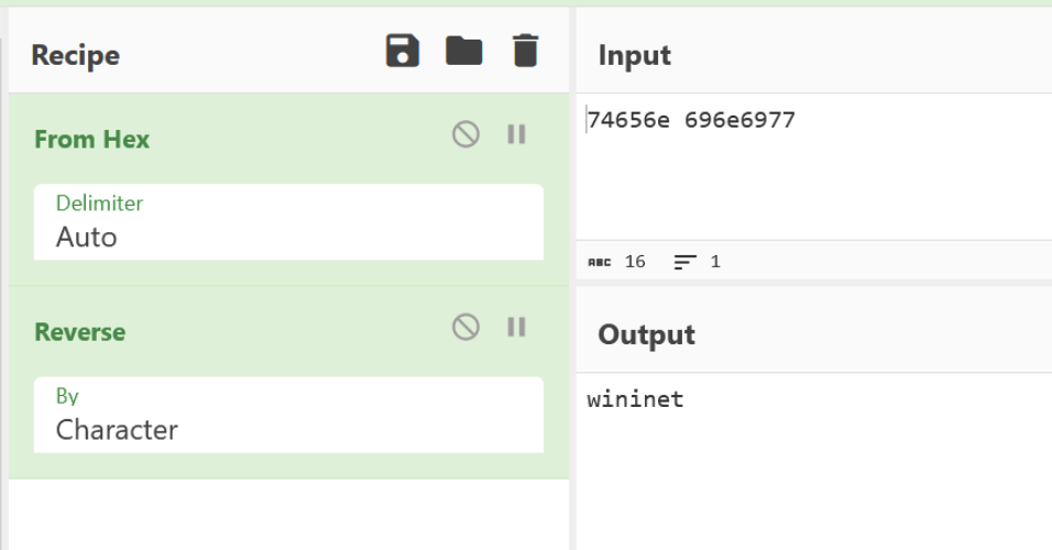 Decoded wininet ASCII reference inside Ghidra