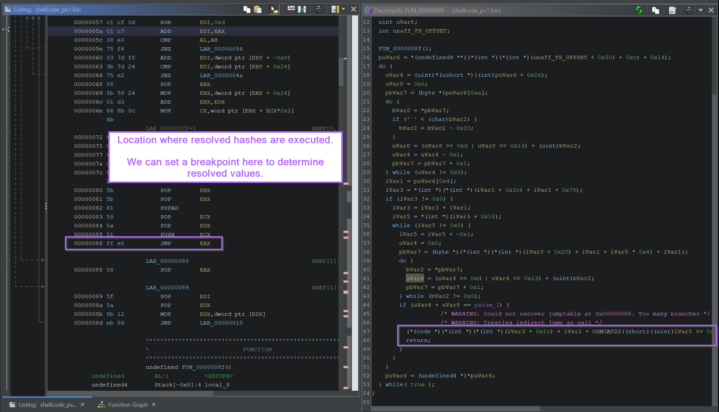 JMP EAX instruction inside the hash-resolver function