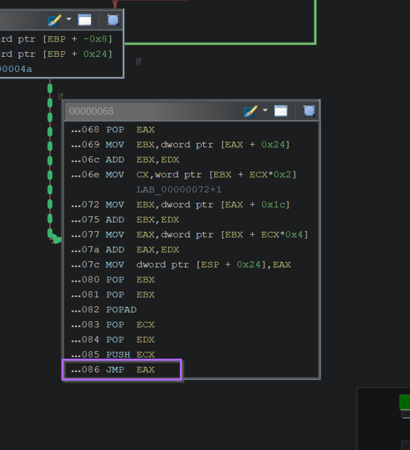 Ghidra graph zoomed in on the JMP EAX hand-off basic block