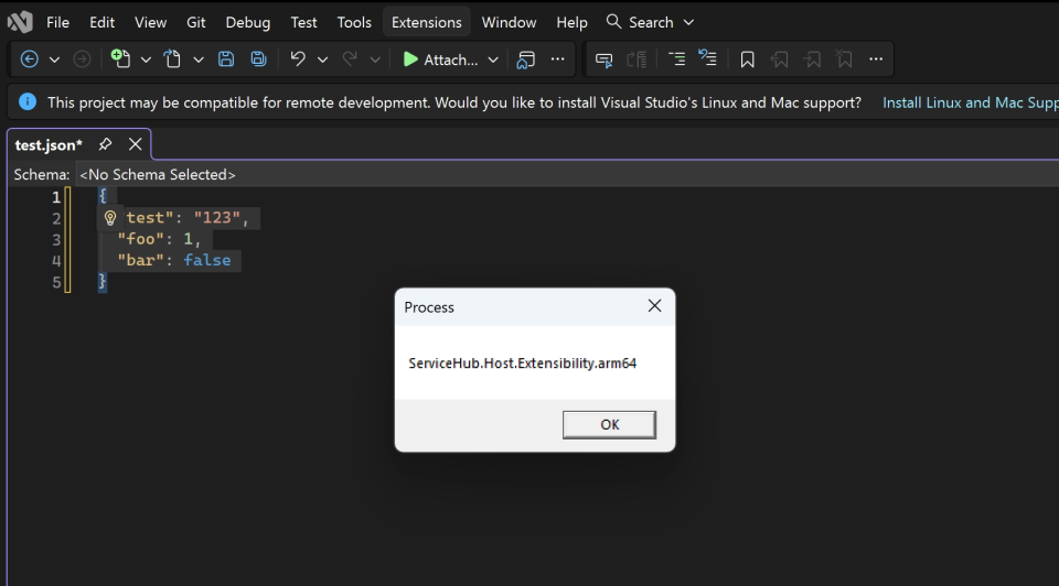 Proof of execution showing remotely loaded assembly running inside Visual Studio extension host