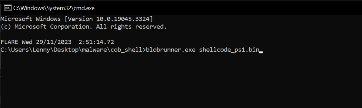 Blobrunner command line loading the shellcode blob